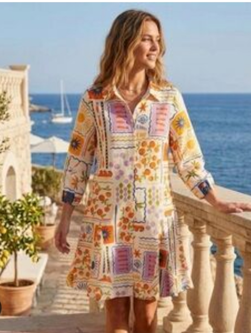 MSK Printed Patchwork Shift Dress in White, Orange & Pink XL Cotton